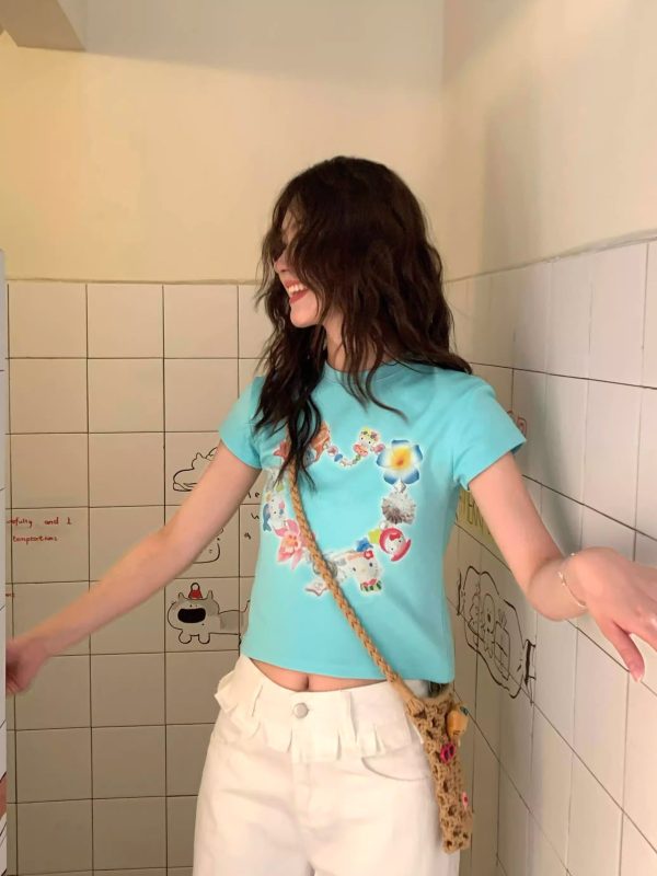 Korean Style Kitty Collar Printed Short Slim-Fit Cotton Short Sleeve Top for Sweet Girls