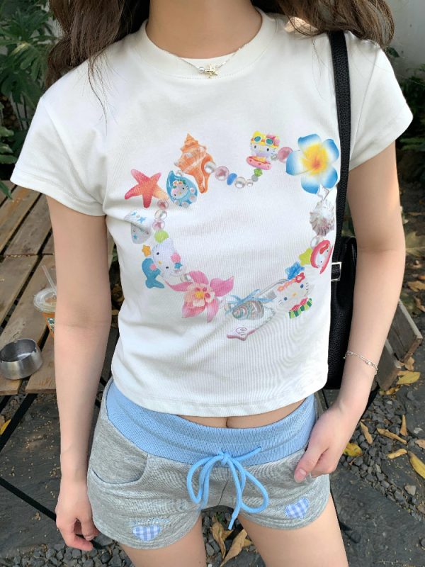 Korean Style Kitty Collar Printed Short Slim-Fit Cotton Short Sleeve Top for Sweet Girls
