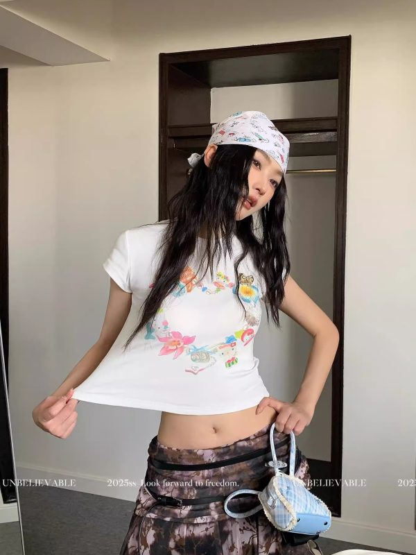 Korean Style Kitty Collar Printed Short Slim-Fit Cotton Short Sleeve Top for Sweet Girls