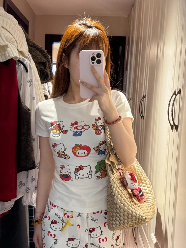 Korean Style Kitty Paradise Printed Short Sleeve Top - Fitted Slim Pure Cotton High-Stretch Sweet Girl Tee