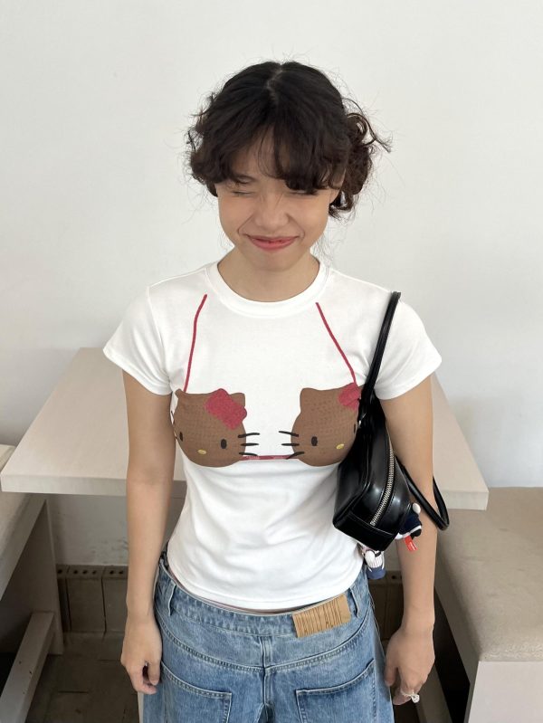 Korean Style Kitty-Themed Printed Short Sleeve Slim-Fit Cotton Top for Women - Sweet and Cool Age-Reducing Design