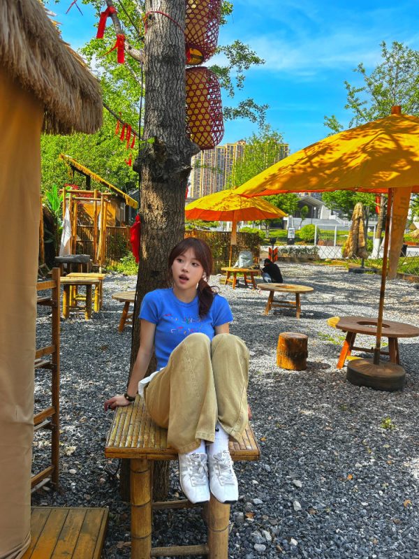 Korean Style Knitted Short Sleeve Slim Fit T-Shirt with Letter Embroidery - Blue Cropped College Style for Summer