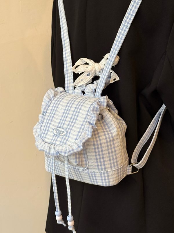 Korean-Style Lace Checkered Mini Backpack with Ruffles | 2025 New Double-Shoulder Fluffy Bag for Niche Fashion