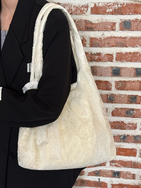 Korean-Style Lace Flower Canvas Tote Bag for Women, 2025 Large Capacity Shoulder Bag for Commuting and Everyday Use