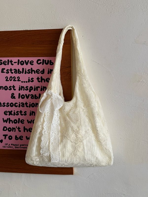 Korean-Style Lace Flower Canvas Tote Bag for Women, 2025 Large Capacity Shoulder Bag for Commuting and Everyday Use