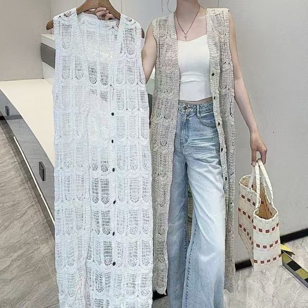 Korean-Style Lace Hollow Knitted Cardigan for Women - Vintage Versatile Long Vest Top for Vacation and Everyday Wear