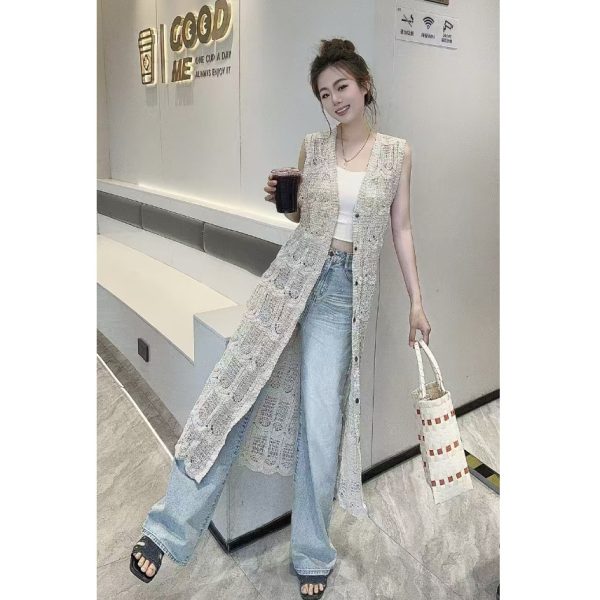 Korean-Style Lace Hollow Knitted Cardigan for Women - Vintage Versatile Long Vest Top for Vacation and Everyday Wear