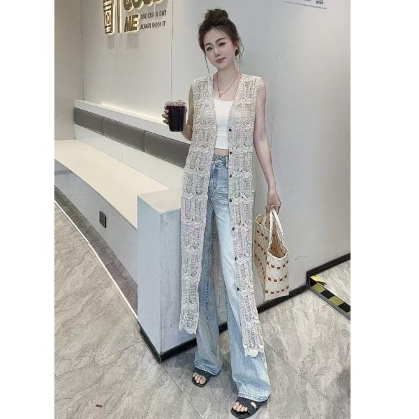Korean-Style Lace Hollow Knitted Cardigan for Women - Vintage Versatile Long Vest Top for Vacation and Everyday Wear