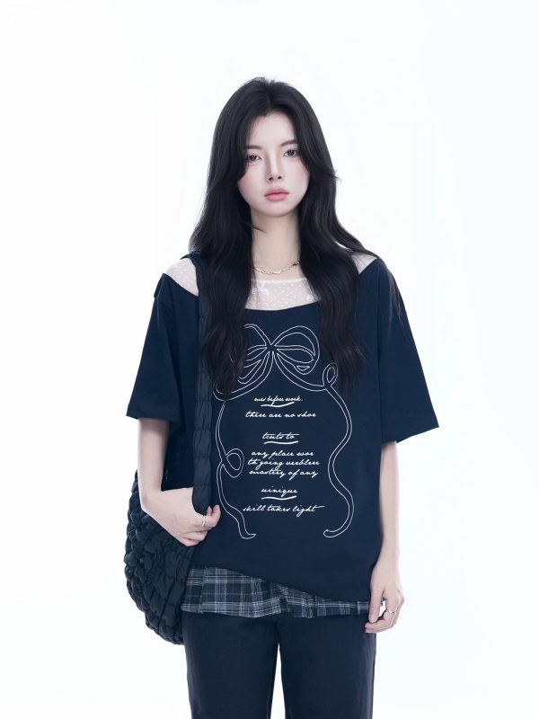 Korean-Style Lace Spliced Off-Shoulder Short Sleeve T-Shirt for Women â€“ Loose Fit, Sweet Design, Perfect for Casual Y2K Fashion