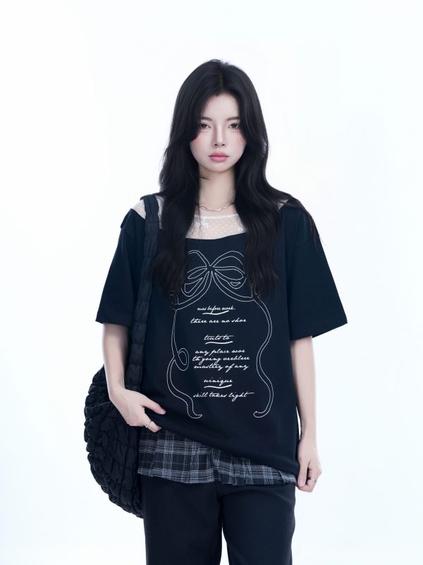 Korean-Style Lace Spliced Off-Shoulder Short Sleeve T-Shirt for Women â€“ Loose Fit, Sweet Design, Perfect for Casual Y2K Fashion