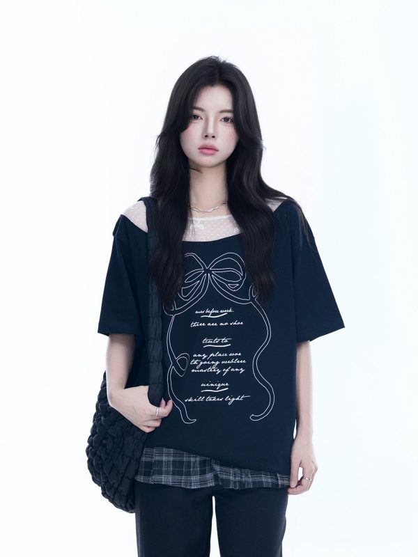 Korean-Style Lace Spliced Off-Shoulder Short Sleeve T-Shirt for Women â€“ Loose Fit, Sweet Design, Perfect for Casual Y2K Fashion