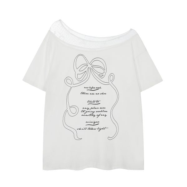 Korean-Style Lace Spliced Off-Shoulder Short Sleeve T-Shirt for Women â€“ Loose Fit, Sweet Design, Perfect for Casual Y2K Fashion
