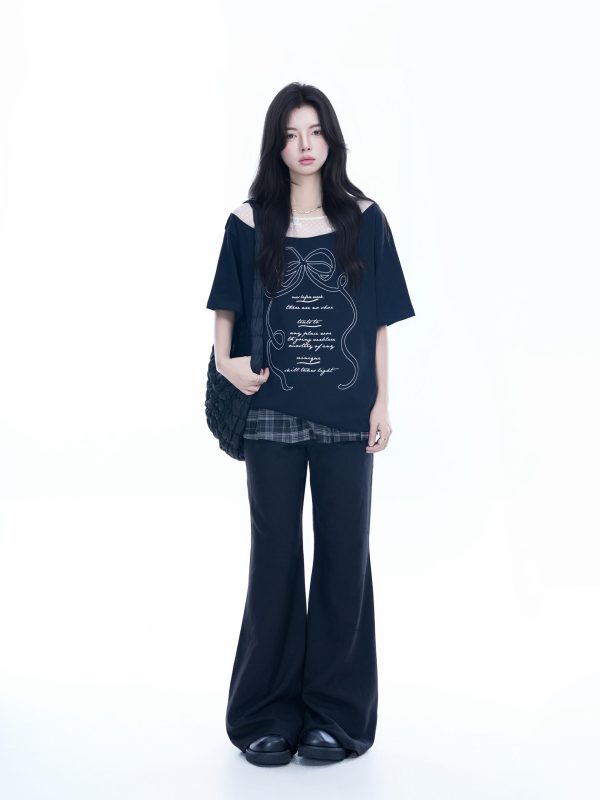 Korean-Style Lace Spliced Off-Shoulder Short Sleeve T-Shirt for Women â€“ Loose Fit, Sweet Design, Perfect for Casual Y2K Fashion