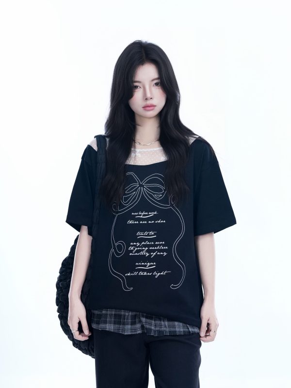 Korean-Style Lace Spliced Off-Shoulder Short Sleeve T-Shirt for Women â€“ Loose Fit, Sweet Design, Perfect for Casual Y2K Fashion