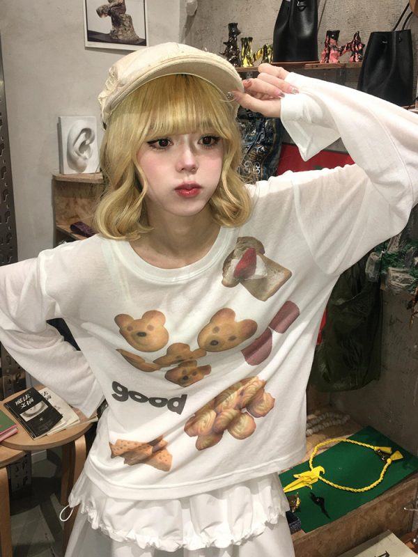 Korean Style Long Sleeve T-Shirt for Women - Spring Bear Dessert Print, Thin Sun Protection Cover-Up, Loose Casual Top