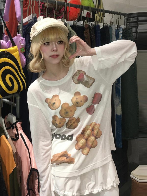 Korean Style Long Sleeve T-Shirt for Women - Spring Bear Dessert Print, Thin Sun Protection Cover-Up, Loose Casual Top