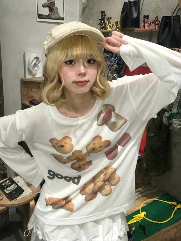 Korean Style Long Sleeve T-Shirt for Women - Spring Bear Dessert Print, Thin Sun Protection Cover-Up, Loose Casual Top