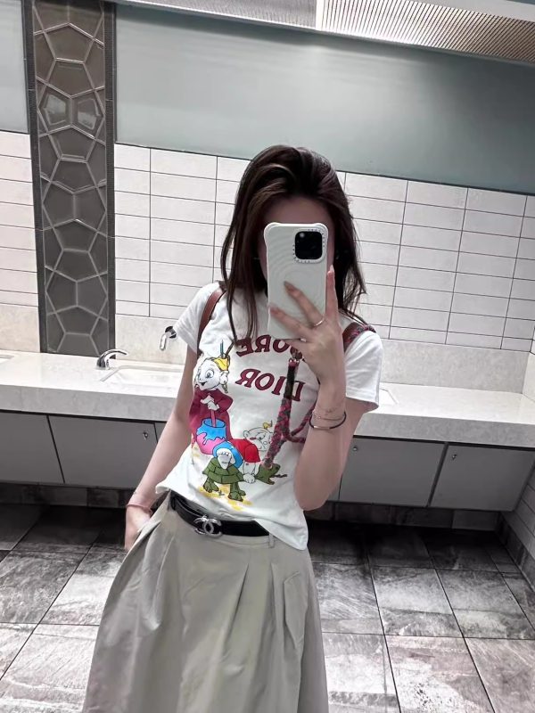 Korean Style Magical Witch Cartoon Print Short Sleeve Slim Fit High-Stretch Cotton T-Shirt for Women