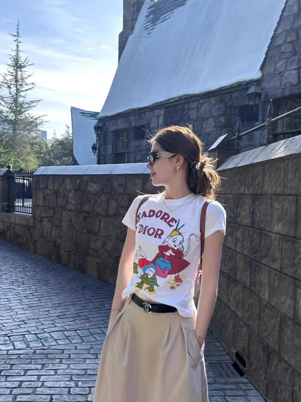 Korean Style Magical Witch Cartoon Print Short Sleeve Slim Fit High-Stretch Cotton T-Shirt for Women