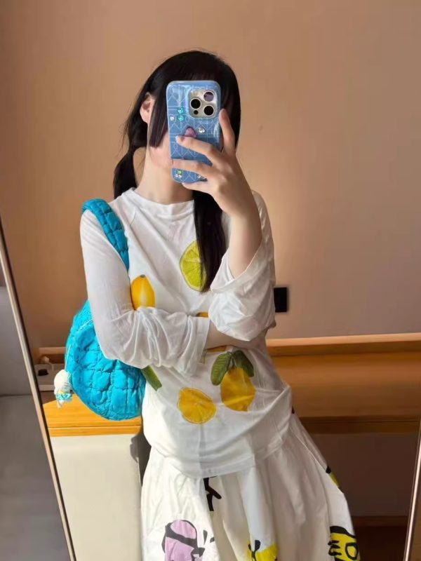 Korean Style Minimalist Clear Lemon Print Long Sleeve T-Shirt for Women - Casual Sun Protection Cotton Cover-Up
