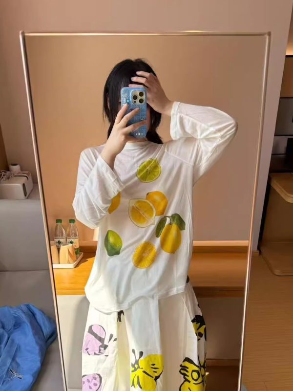 Korean Style Minimalist Clear Lemon Print Long Sleeve T-Shirt for Women - Casual Sun Protection Cotton Cover-Up