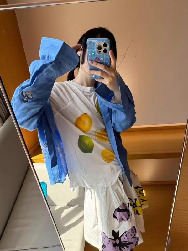 Korean Style Minimalist Clear Lemon Print Long Sleeve T-Shirt for Women - Casual Sun Protection Cotton Cover-Up