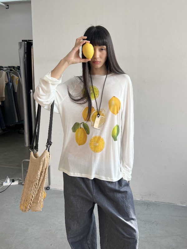 Korean Style Minimalist Clear Lemon Print Long Sleeve T-Shirt for Women - Casual Sun Protection Cotton Cover-Up