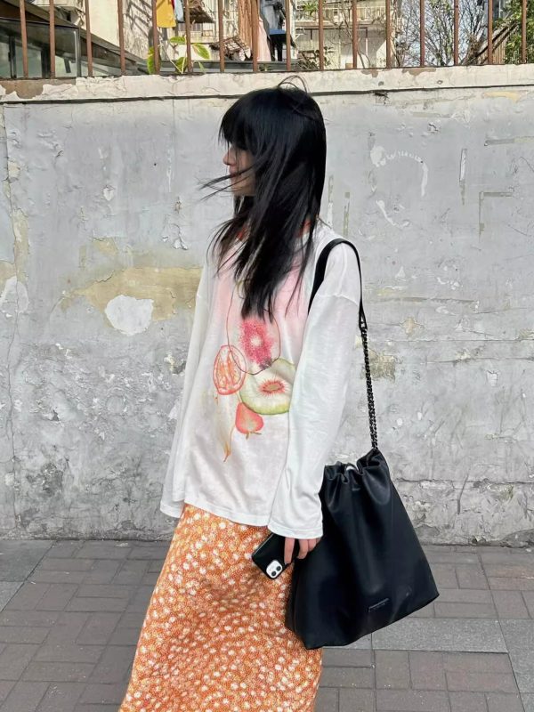 Korean Style Minimalist Fruit Slice Print Long Sleeve Sun Protection T-Shirt for Women - Lightweight Cotton Cover-Up