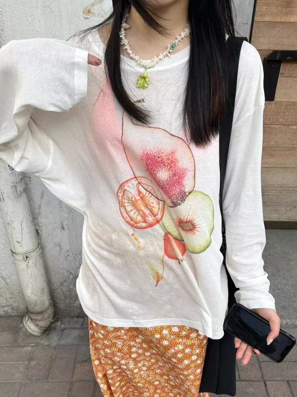 Korean Style Minimalist Fruit Slice Print Long Sleeve Sun Protection T-Shirt for Women - Lightweight Cotton Cover-Up