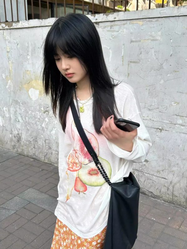 Korean Style Minimalist Fruit Slice Print Long Sleeve Sun Protection T-Shirt for Women - Lightweight Cotton Cover-Up