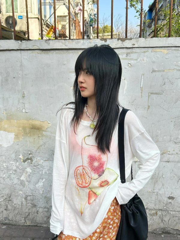 Korean Style Minimalist Fruit Slice Print Long Sleeve Sun Protection T-Shirt for Women - Lightweight Cotton Cover-Up