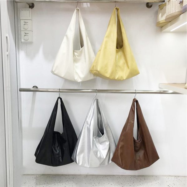 Korean Style Minimalist Large Capacity Tote Bag in High-Quality Silver Oil Wax Leather â€“ Stylish Handheld Shoulder Bag for Everyday Use