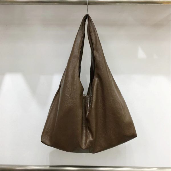 Korean Style Minimalist Large Capacity Tote Bag in High-Quality Silver Oil Wax Leather â€“ Stylish Handheld Shoulder Bag for Everyday Use