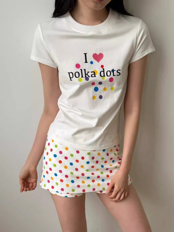 Korean Style Minimalist Polka Dot Color-Block Heart Print Short Sleeve Fitted Cotton T-Shirt for Women
