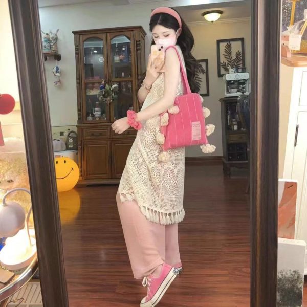 Korean-Style Multi-Color Tassel Shoulder Bag - Unique Artistic Striped Underarm Canvas Bag for Casual Outfits