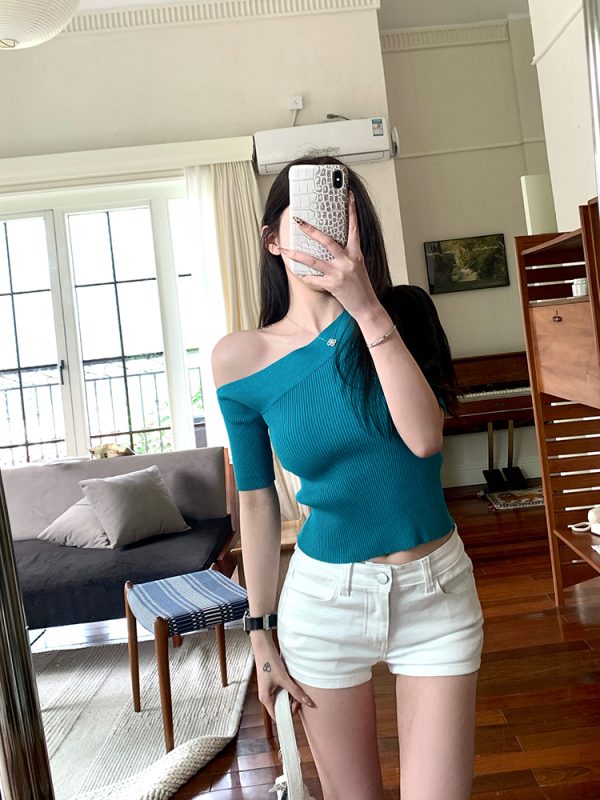 Korean-Style Off-Shoulder Slim-Fit Knitted Short-Sleeve Top for Women - Lightweight Summer Essential in White