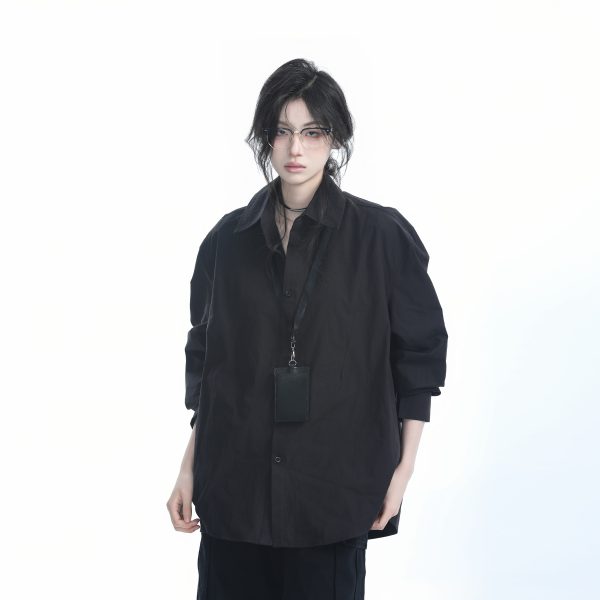 Korean Style Oversized Black Long Sleeve Shirt for Women - High-End Casual Autumn Top with Sit and Eat Until the Mountains Are Empty Design
