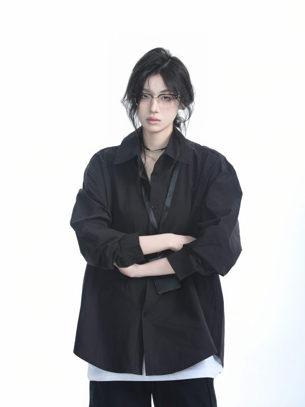 Korean Style Oversized Black Long Sleeve Shirt for Women - High-End Casual Autumn Top with Sit and Eat Until the Mountains Are Empty Design