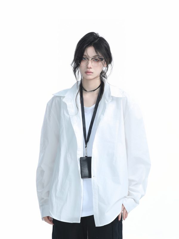 Korean Style Oversized Black Long Sleeve Shirt for Women - High-End Casual Autumn Top with Sit and Eat Until the Mountains Are Empty Design