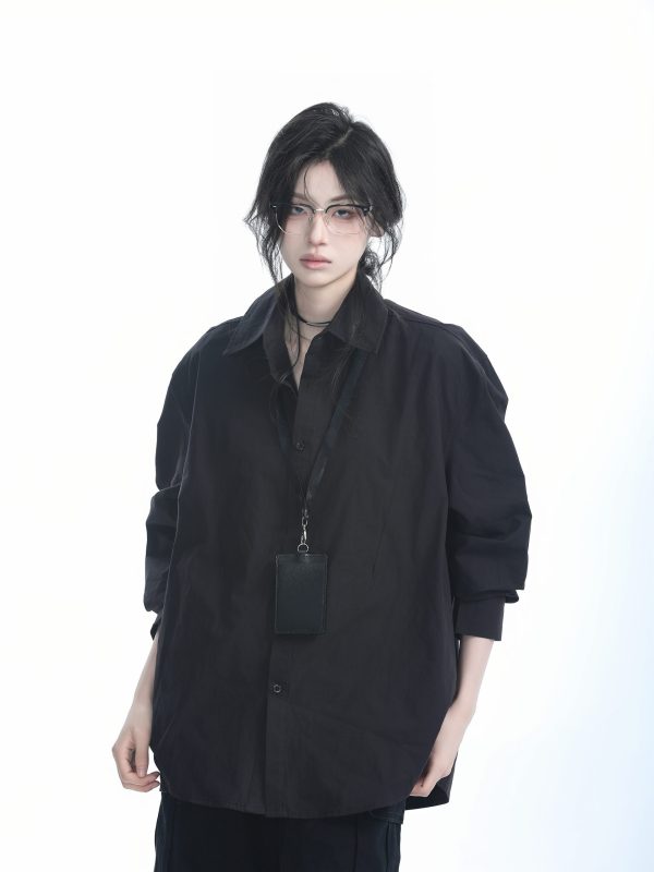 Korean Style Oversized Black Long Sleeve Shirt for Women - High-End Casual Autumn Top with Sit and Eat Until the Mountains Are Empty Design