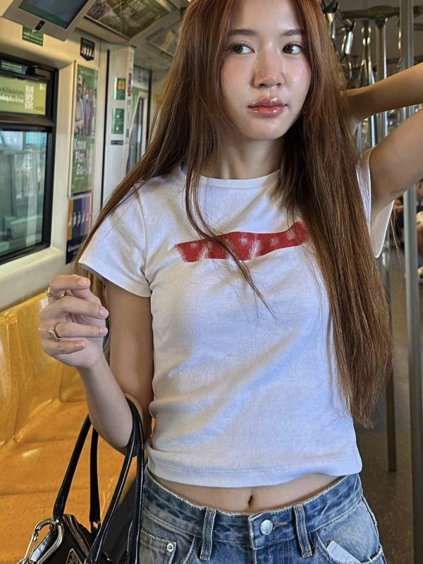 Korean Style Phantom Letter Print Short Sleeve Slim Fit Pure Cotton T-Shirt for Women - Trendy Casual Fashion Top