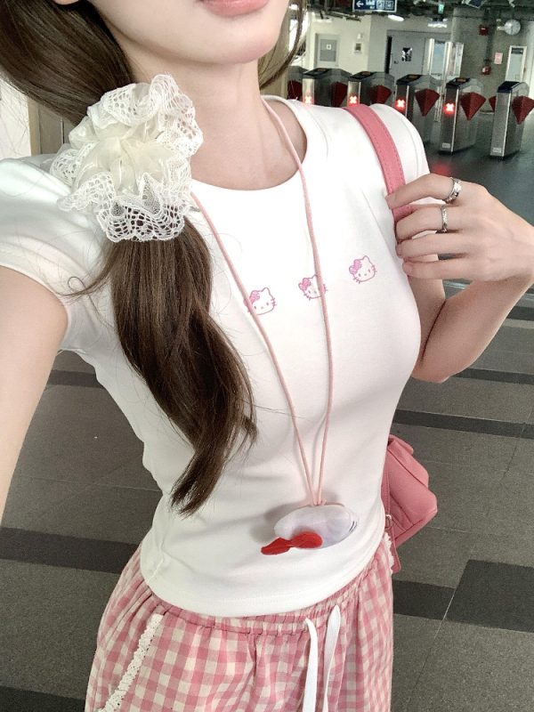 Korean Style Pink Kitty Cartoon Print Fitted Slim High-Stretch Short Sleeve T-Shirt in Pure Cotton for Trendy Casual Wear