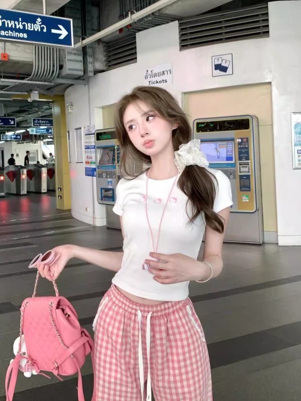 Korean Style Pink Kitty Cartoon Print Fitted Slim High-Stretch Short Sleeve T-Shirt in Pure Cotton for Trendy Casual Wear