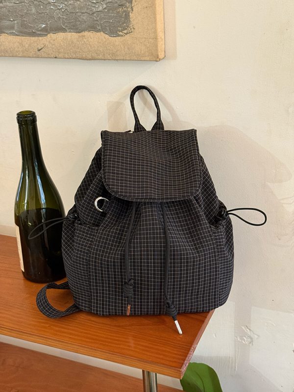 Korean-Style Plaid Drawstring Backpack - Large Capacity Lightweight Nylon Student Commuter Bag