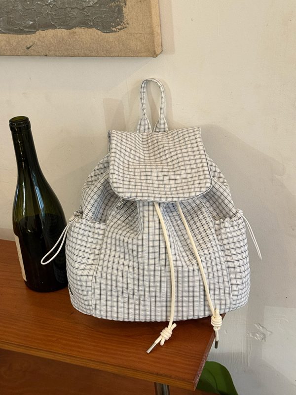 Korean-Style Plaid Drawstring Backpack - Large Capacity Lightweight Nylon Student Commuter Bag