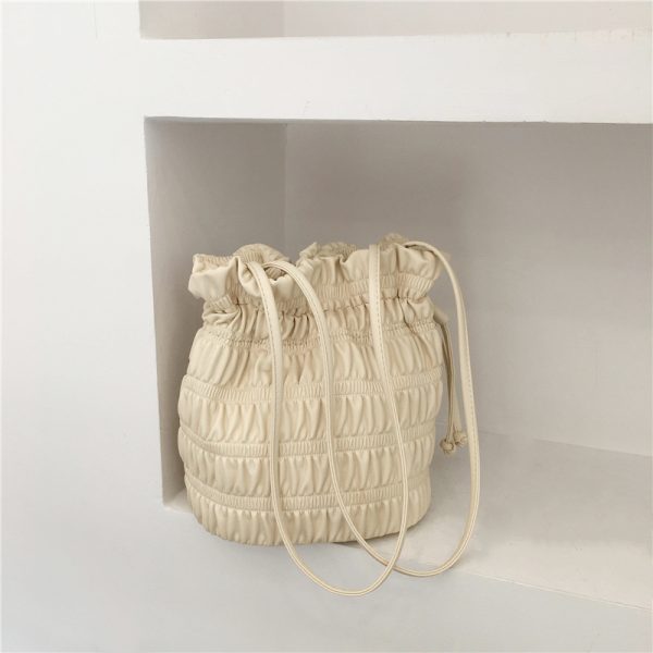 Korean Style Pleated Drawstring Shoulder Bag - Soft Leather Silver Bucket Bag for Chic Fashion Lovers