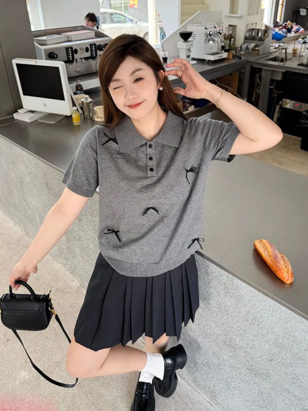 Korean-Style Plus Size Short Sleeve Polo Shirt for Women - Flattering Knitted Summer Blouse for Curvy Figures