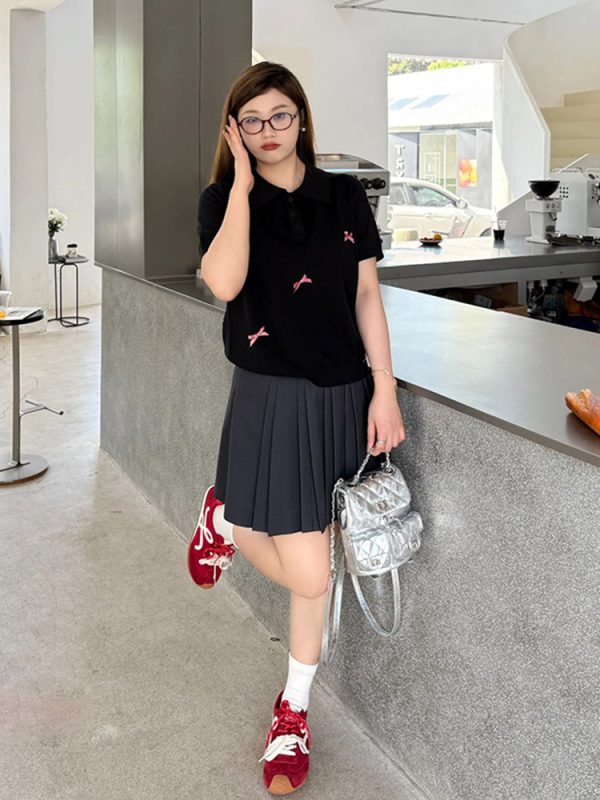 Korean-Style Plus Size Short Sleeve Polo Shirt for Women - Flattering Knitted Summer Blouse for Curvy Figures