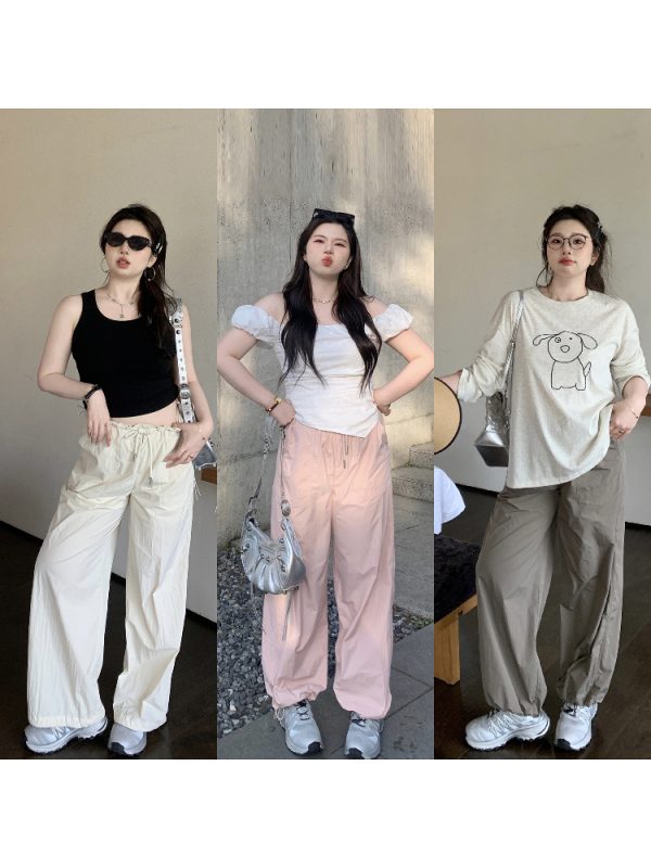 Korean Style Plus Size Ultra-Thin Cargo Pants for Women - Casual Outdoor Mountaineering Feu Parachute Design