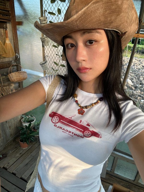 Korean Style Retro Car Print Short-Sleeve Fitted Slim Pure Cotton High-Stretch T-Shirt for Women